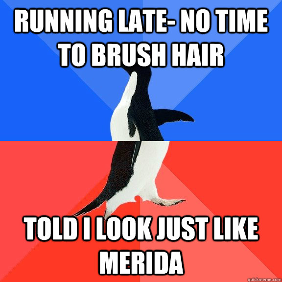 Running Late- no time to brush hair Told I look just like Merida  Socially Awkward Awesome Penguin
