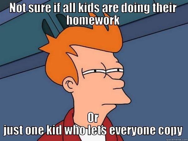 NOT SURE IF ALL KIDS ARE DOING THEIR HOMEWORK OR JUST ONE KID WHO LETS EVERYONE COPY Futurama Fry