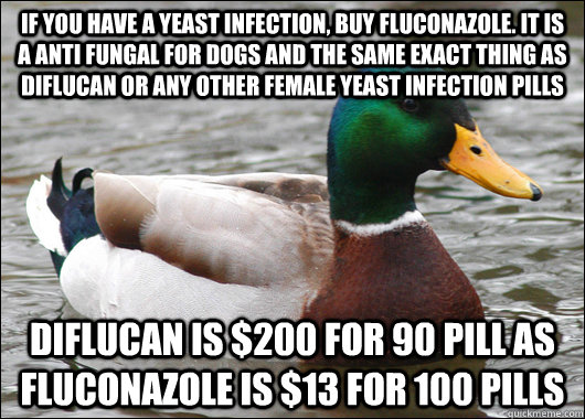 if you have a yeast infection, buy fluconazole. it is a anti fungal for dogs and the same exact thing as diflucan or any other female yeast infection pills diflucan is $200 for 90 pill as fluconazole is $13 for 100 pills - if you have a yeast infection, buy fluconazole. it is a anti fungal for dogs and the same exact thing as diflucan or any other female yeast infection pills diflucan is $200 for 90 pill as fluconazole is $13 for 100 pills  Actual Advice Mallard