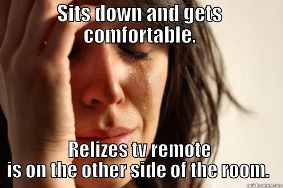 SITS DOWN AND GETS COMFORTABLE. RELIZES TV REMOTE IS ON THE OTHER SIDE OF THE ROOM.  First World Problems