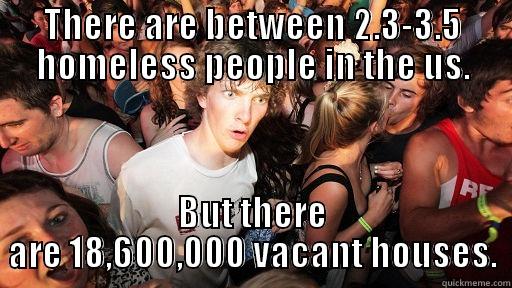 THERE ARE BETWEEN 2.3-3.5 HOMELESS PEOPLE IN THE US. BUT THERE ARE 18,600,000 VACANT HOUSES. Sudden Clarity Clarence