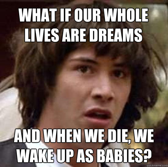 What if our whole lives are dreams And when we die, we wake up as babies?  conspiracy keanu