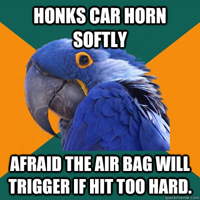 Honks car horn softly Afraid the air bag will trigger if hit too hard.  Paranoid Parrot