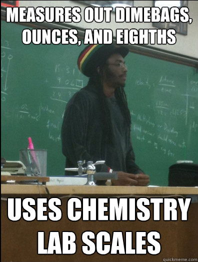 Measures out dimebags, ounces, and eighths Uses chemistry lab scales  Rasta Science Teacher