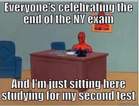 EVERYONE'S CELEBRATING THE END OF THE NY EXAM AND I'M JUST SITTING HERE STUDYING FOR MY SECOND TEST Spiderman Desk