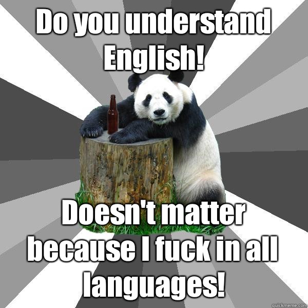 Do you understand English! Doesn't matter because I fuck in all languages!  Pickup-Line Panda