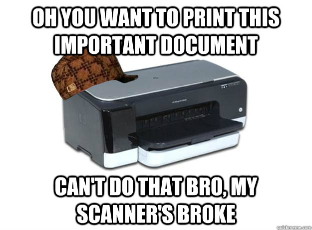 Oh you want to print this important document Can't do that bro, my scanner's broke  Scumbag Printer