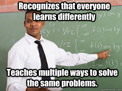 Recognizes that everyone learns differently Teaches multiple ways to solve the same problems.  Good Guy Teacher