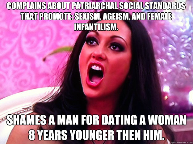 Complains about patriarchal social standards that promote: Sexism, ageism, and female infantilism.
 Shames a man for dating a woman 8 years younger then him.  Feminist Nazi