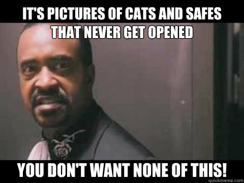 it's pictures of cats and safes that never get opened you don't want none of this! - it's pictures of cats and safes that never get opened you don't want none of this!  Dewey cox drugs