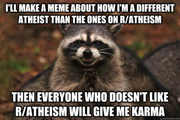I'll make a meme about how I'm a different atheist than the ones on r/atheism Then everyone who doesn't like r/atheism will give me karma  Evil Plotting Raccoon