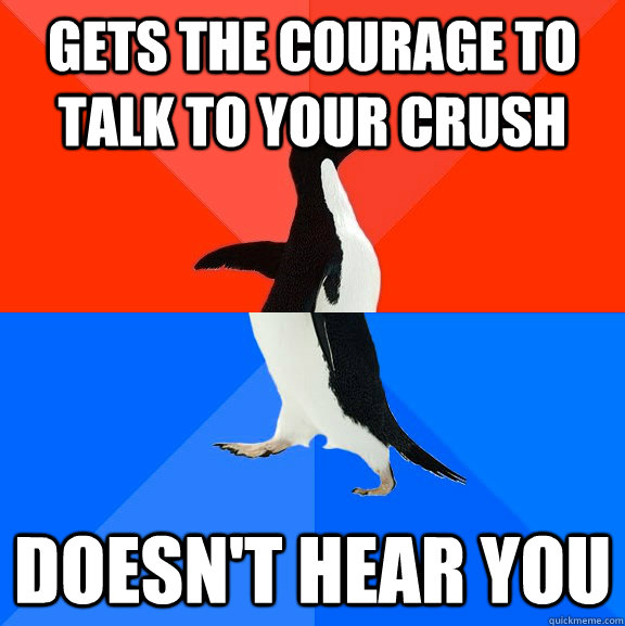 gets the courage to talk to your crush doesn't hear you  Socially Awesome Awkward Penguin