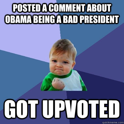 Posted a comment about obama being a bad president got upvoted  Success Kid