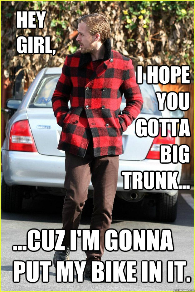 Hey Girl, I hope you gotta big trunk... ...cuz I'm gonna put my bike in it.  Logger Ryan Gosling