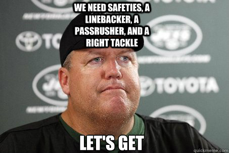 We need safeties, a linebacker, a passrusher, and a right tackle Let's get Tebow  New York Jets