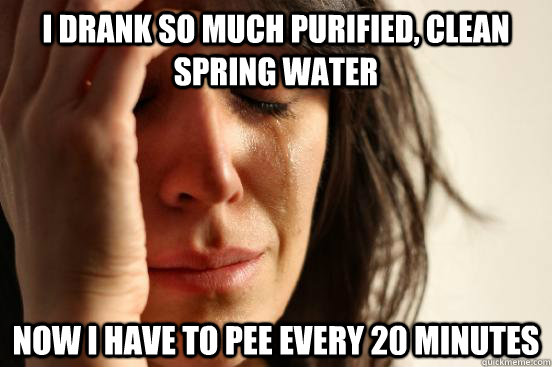 I drank so much purified, clean spring water Now I have to pee every 20 minutes  First World Problems