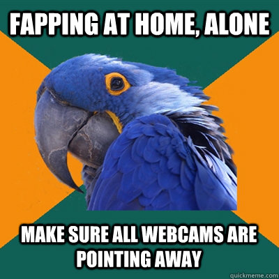fapping at home, alone make sure all webcams are pointing away  Paranoid Parrot