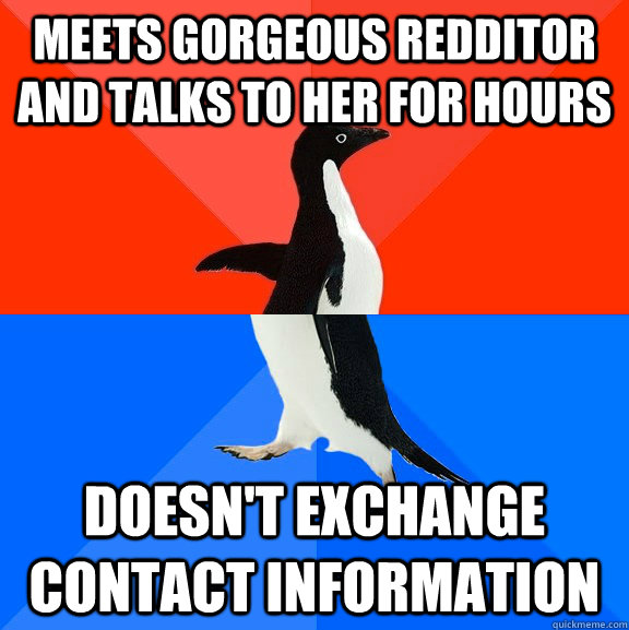 meets gorgeous redditor and talks to her for hours doesn't exchange contact information  Socially Awesome Awkward Penguin