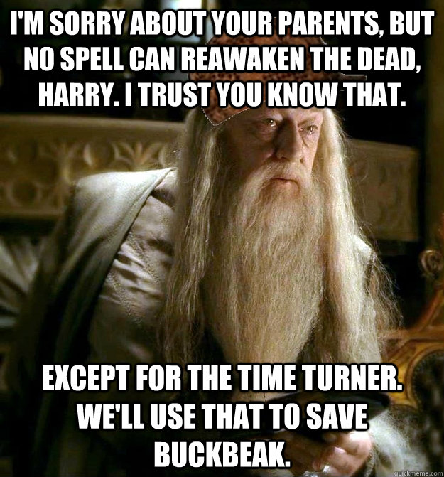 I'm sorry about your parents, but no spell can reawaken the dead, harry. I trust you know that. Except for the time turner. We'll use that to save buckbeak. - I'm sorry about your parents, but no spell can reawaken the dead, harry. I trust you know that. Except for the time turner. We'll use that to save buckbeak.  Misc