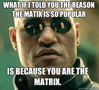 what if i told you the reason the matix is so popular Is because you are the Matrix.  Matrix Morpheus