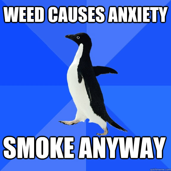 Weed causes anxiety smoke anyway    Socially Awkward Penguin