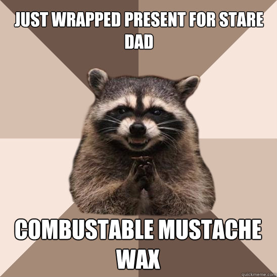 just wrapped present for stare dad combustable mustache wax  Evil Plotting Raccoon