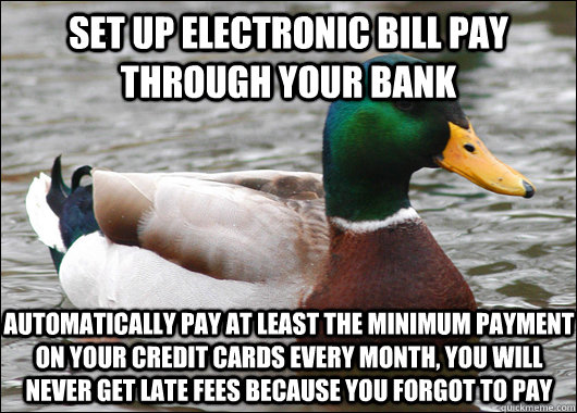 Set up electronic bill pay through your bank Automatically pay at least the minimum payment on your credit cards every month, you will never get late fees because you forgot to pay  Actual Advice Mallard