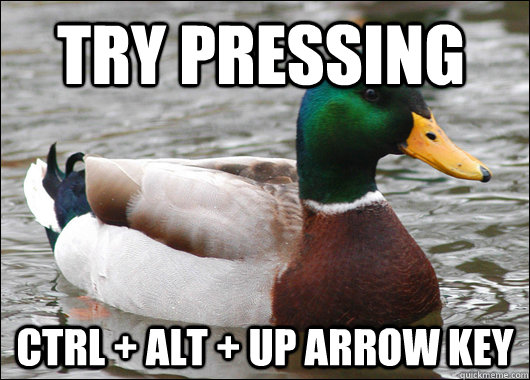 Try pressing Ctrl + Alt + UP Arrow Key  Actual Advice Mallard