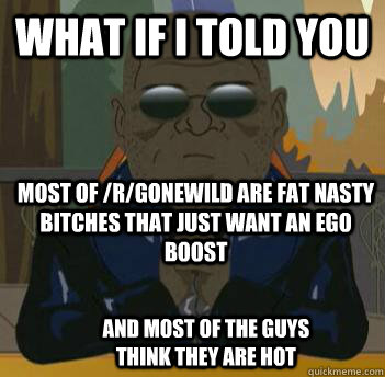 What if i told you most of /r/gonewild are fat nasty bitches that just want an ego boost and most of the guys think they are hot  