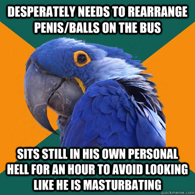 Desperately needs to rearrange penis/balls on the bus Sits still in his own personal hell for an hour to avoid looking like he is masturbating  Paranoid Parrot