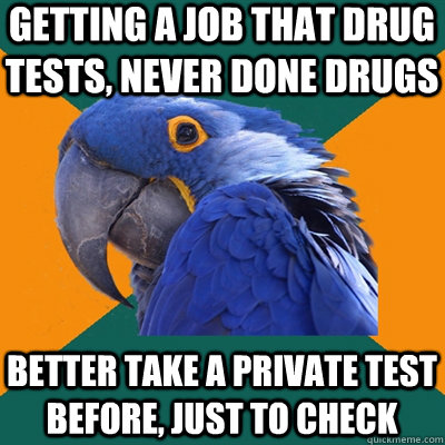 getting a job that drug tests, never done drugs Better take a private test before, just to check  Paranoid Parrot