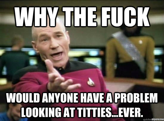 Why the fuck would anyone have a problem looking at titties...ever.  Annoyed Picard HD