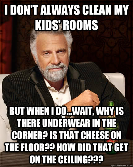 I don't always clean my kids' rooms but when I do...wait, why is there underwear in the corner? Is that cheese on the floor?? How did that get on the ceiling???   The Most Interesting Man In The World