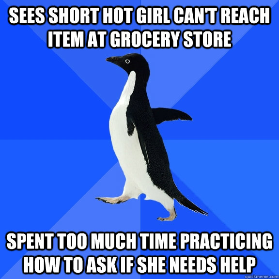Sees short hot girl can't reach item at grocery store Spent too much time practicing how to ask if she needs help  Socially Awkward Penguin