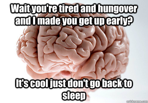 Wait you're tired and hungover and I made you get up early? It's cool just don't go back to sleep   Scumbag Brain