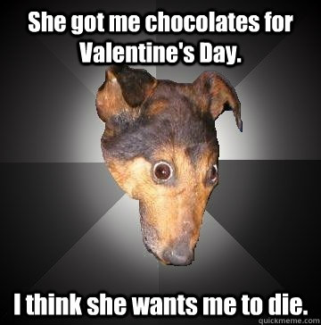 She got me chocolates for Valentine's Day. I think she wants me to die. - She got me chocolates for Valentine's Day. I think she wants me to die.  Depression Dog