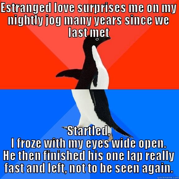ESTRANGED LOVE SURPRISES ME ON MY NIGHTLY JOG MANY YEARS SINCE WE LAST MET STARTLED, I FROZE WITH MY EYES WIDE OPEN. HE THEN FINISHED HIS ONE LAP REALLY FAST AND LEFT, NOT TO BE SEEN AGAIN. Socially Awesome Awkward Penguin
