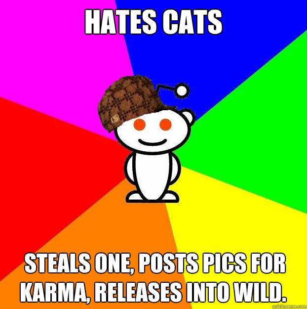 Hates cats  Steals one, posts pics for karma, releases into wild.  Scumbag Redditor