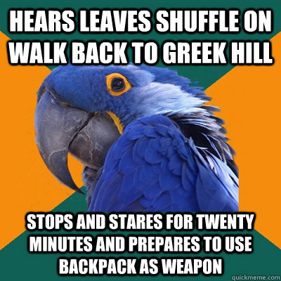 hears leaves shuffle on walk back to greek hill stops and stares for twenty minutes and prepares to use backpack as weapon  Paranoid Parrot