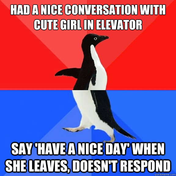 Had a nice conversation with cute girl in elevator Say 'have a nice day' when she leaves, doesn't respond  Socially Awksome Penguin