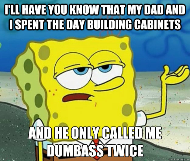 I'll have you know that my dad and i spent the day building cabinets  And he only called me dumbass twice  Tough Spongebob