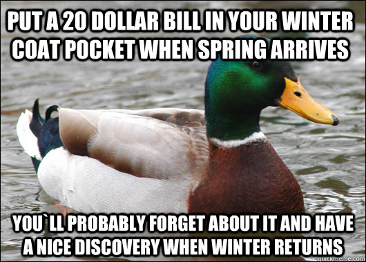 Put a 20 dollar bill in your winter coat pocket when spring arrives You`ll probably forget about it and have a nice discovery when winter returns  Actual Advice Mallard