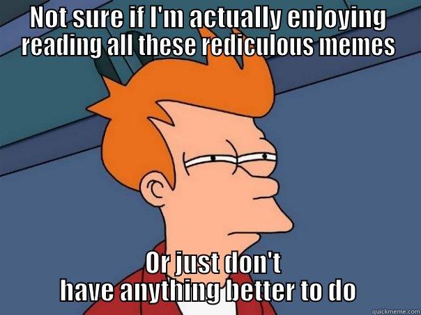 NOT SURE IF I'M ACTUALLY ENJOYING READING ALL THESE REDICULOUS MEMES     OR JUST DON'T               HAVE ANYTHING BETTER TO DO             Futurama Fry