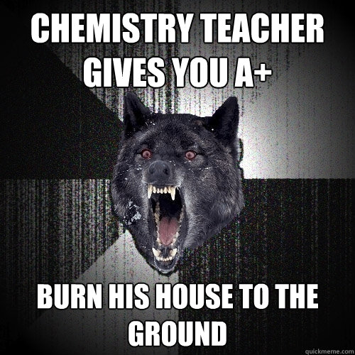 chemistry teacher gives you a+ burn his house to the ground  Insanity Wolf