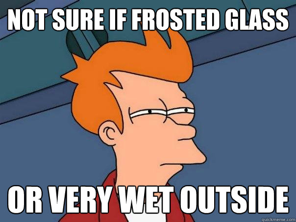 Not sure if frosted glass or very wet outside  Futurama Fry