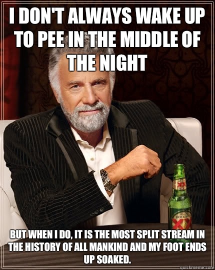 I don't always wake up to pee in the middle of the night But when I do, it is the most split stream in the history of all mankind and my foot ends up soaked.  The Most Interesting Man In The World