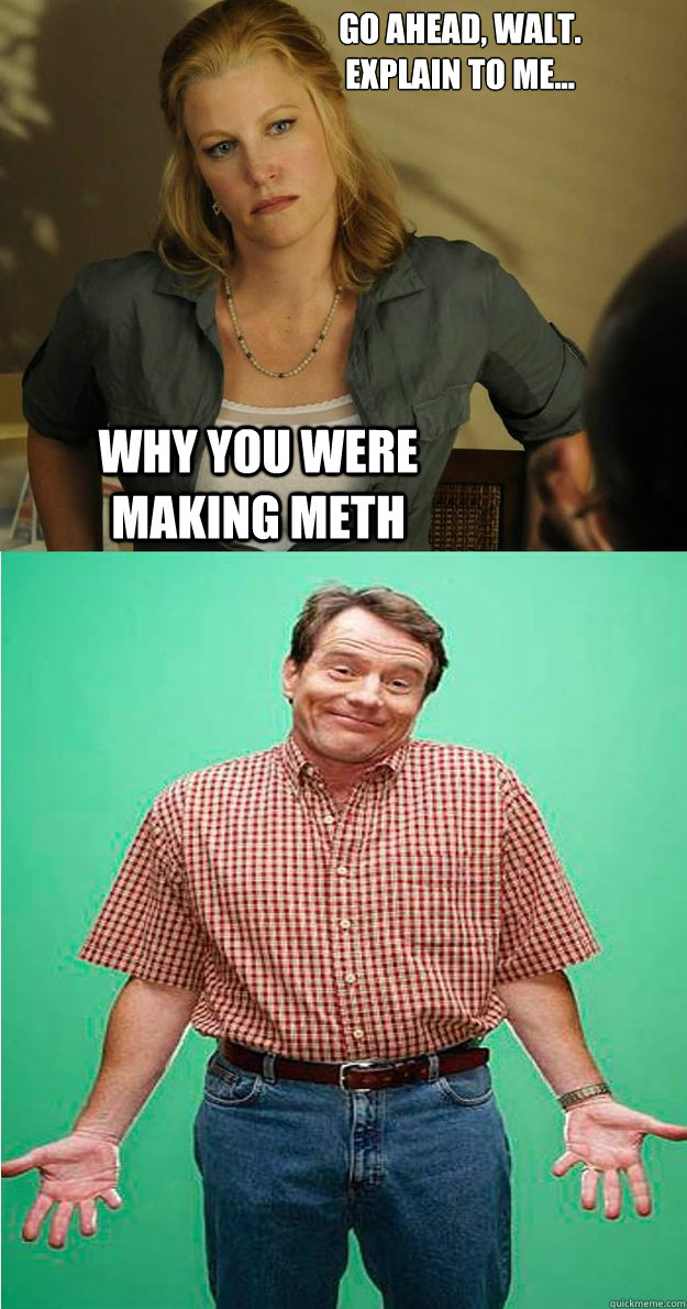 Go Ahead, Walt. 
Explain to me... WHY you were making meth - Go Ahead, Walt. 
Explain to me... WHY you were making meth  Walter white