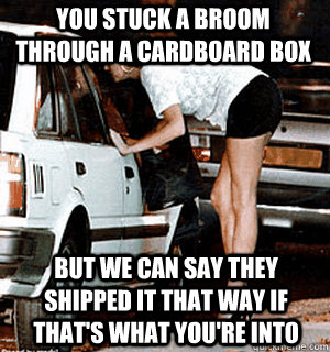 you stuck a broom through a cardboard box But we can say they shipped it that way if that's what you're into  Karma Whore