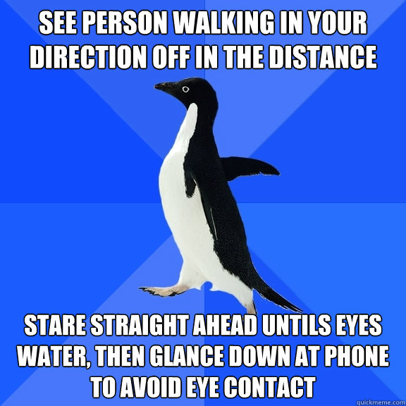 See person walking in your direction off in the distance Stare straight ahead untils eyes water, then glance down at phone to avoid eye contact  Socially Awkward Penguin