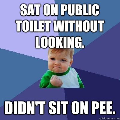 Sat on public toilet without looking. Didn't sit on pee.  Success Kid